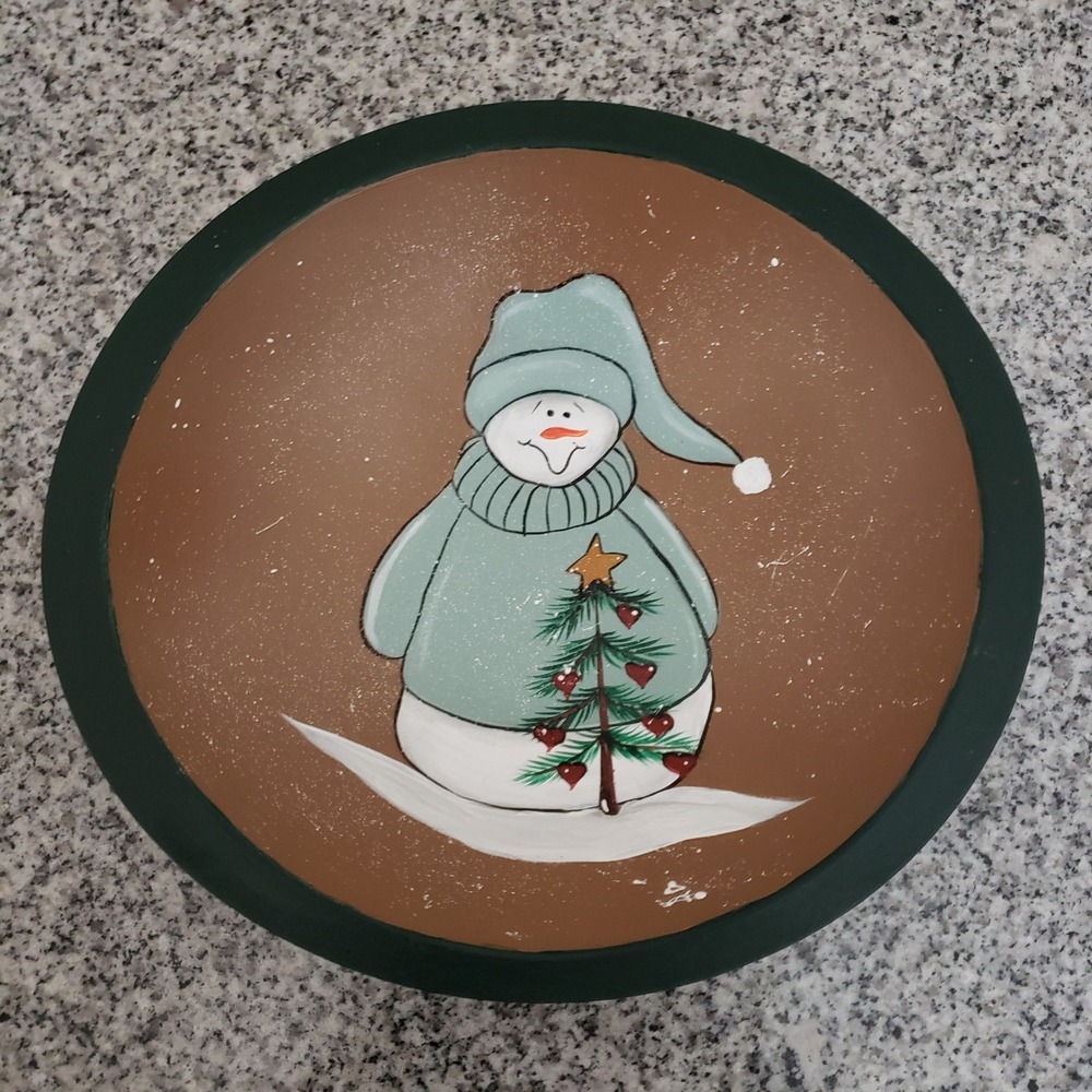 Hand Painted Wood Oval Bowl Folk Art Christmas Snowman Holiday Country Cottage